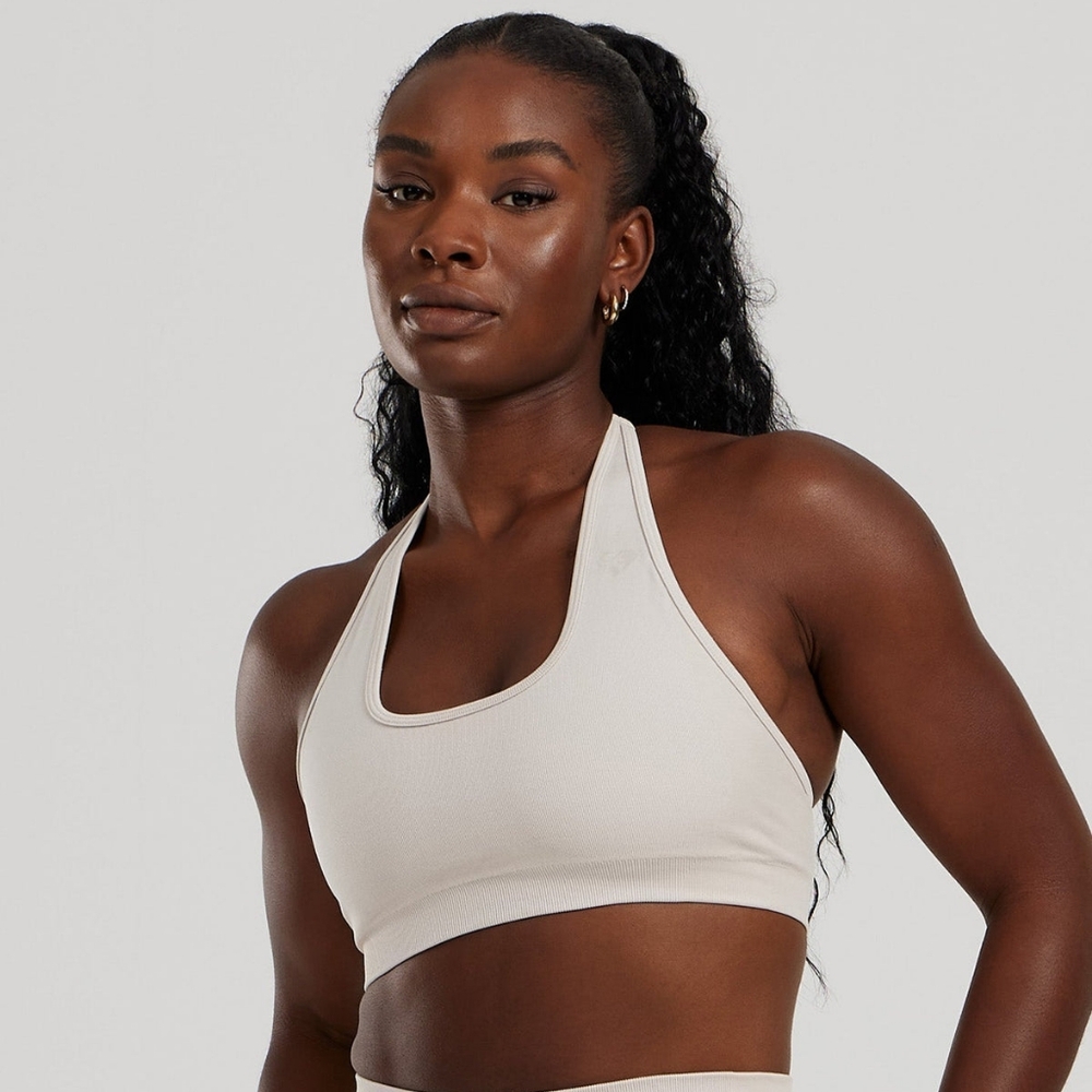 NWT Women's Best Motion Seamless Halter Sports Bra Stone White Low Support S
